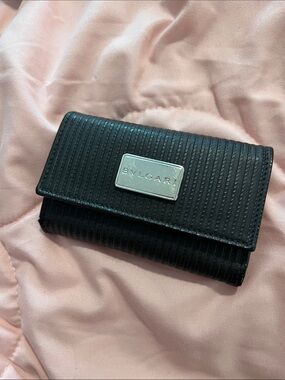 Bulgari Black Textured Leather Card Wallet with Silver Logo Plaque